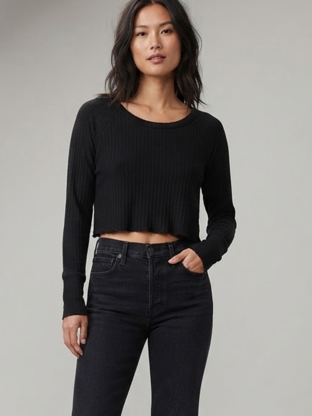 Chaser Black Ribbed Cropped Long-Sleeve Top